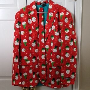 Suitmeister Red Snowman Snowflakes Blazer & Tie Sz XL (46-48) NWOT